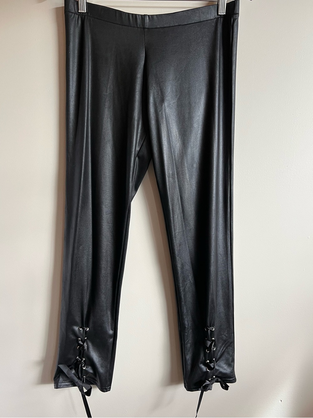 Coquette Black Faux Leather Wet Look Leggings Lace Up Ankle Goth Punk Size Large